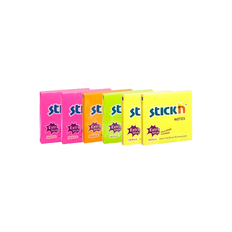 SUPER Sticky Note Pads, NEON 75 x 75mm  Pack 6