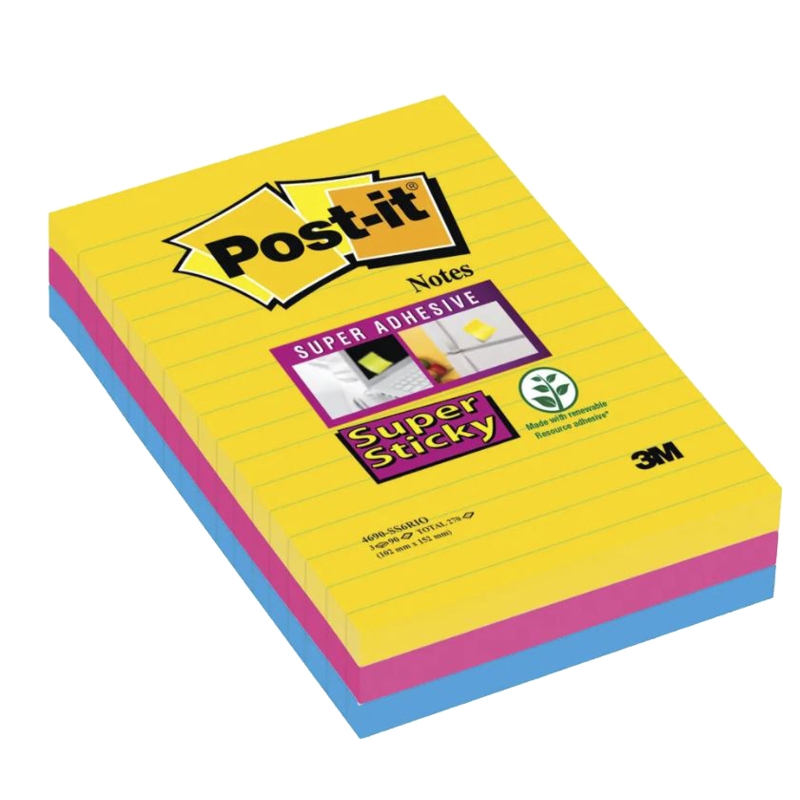 Post-It Super Sticky, 101 x 152mm, Rio,  3 Lined pads
