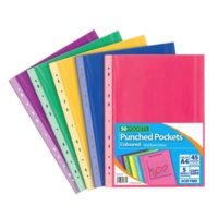A4 Portrait Punched Pockets Assorted Coloured Pack of 50